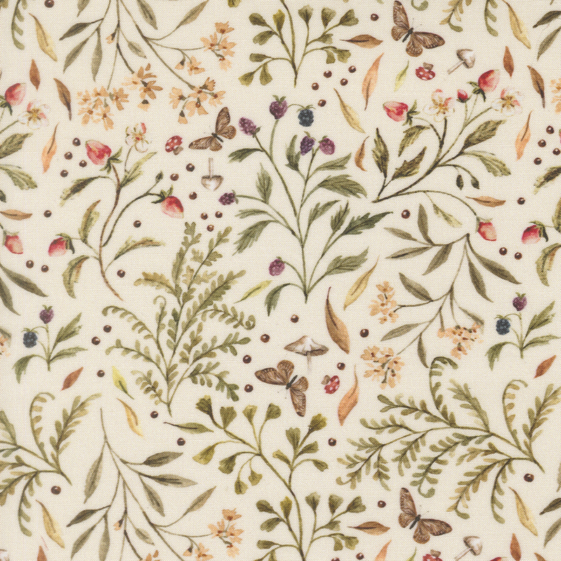 A light beige Quilting Cuddle fabric featuring florals, vines, butterflies, and berries.