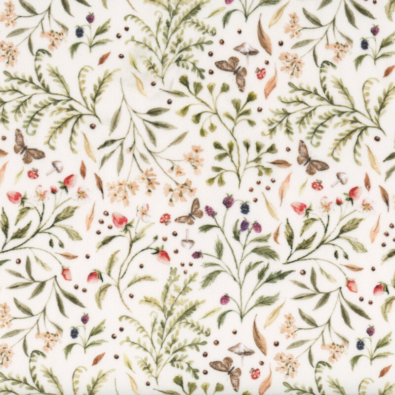 A light eggshell Quilting Cuddle fabric featuring florals, vines, butterflies, and berries.