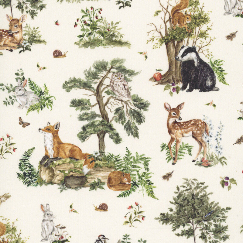 A light cream fabric swatch featuring scenes of forest animals, birds, and insects.