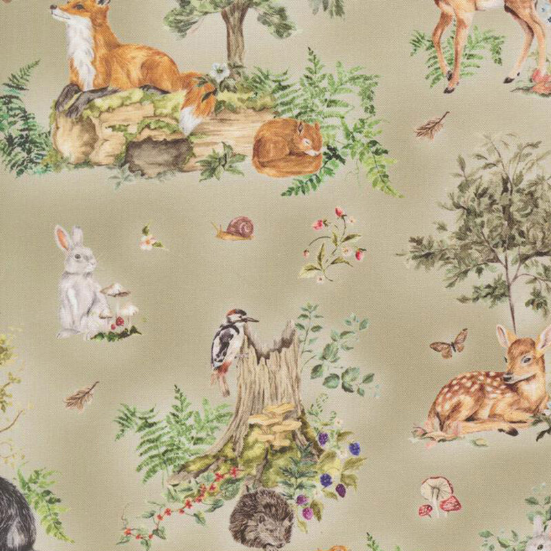 A mottled latte fabric featuring scenes of forest animals, birds, and insects.