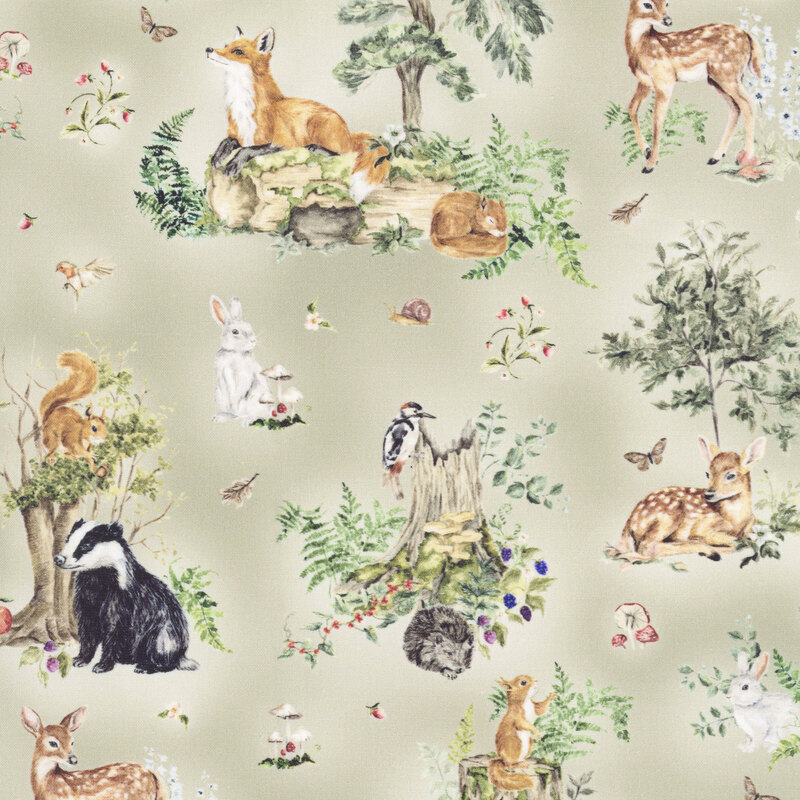 A mottled latte fabric featuring scenes of forest animals, birds, and insects.