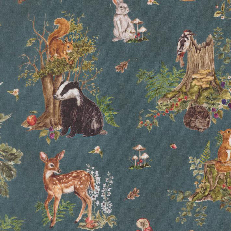 A mottled teal blue fabric featuring scenes of forest animals, birds, and insects.
