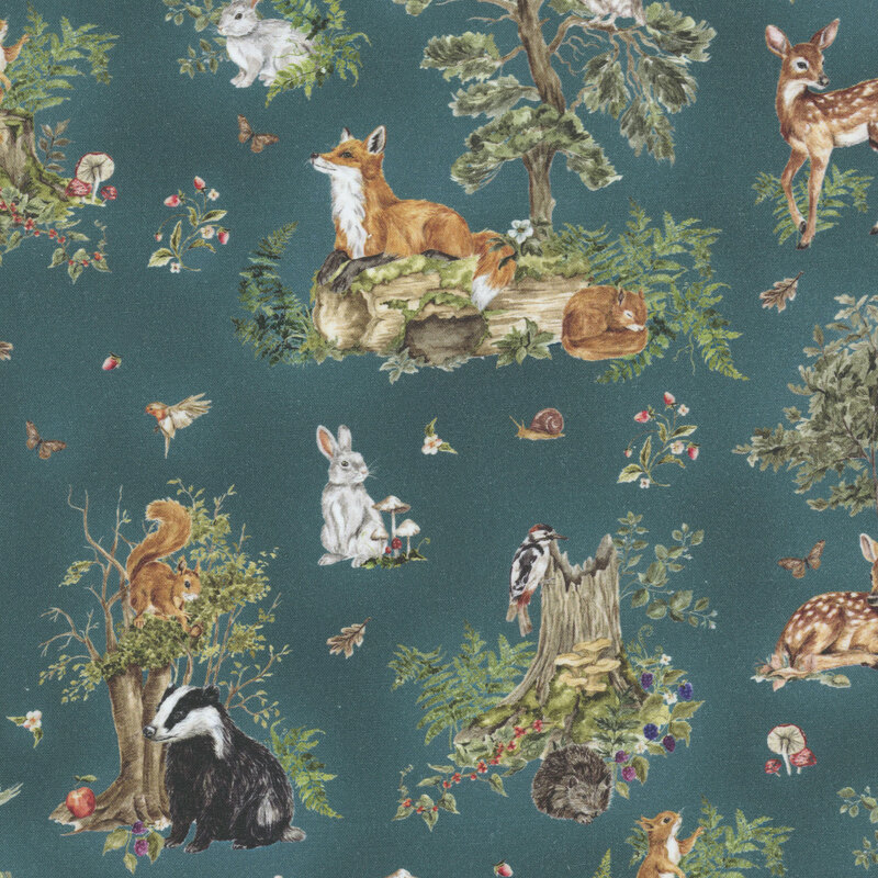 A mottled teal blue fabric featuring scenes of forest animals, birds, and insects.