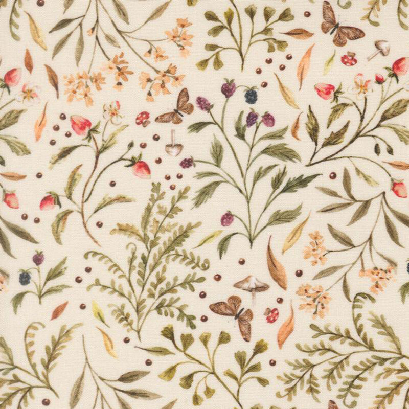 A light beige fabric featuring florals, vines, butterflies, and berries.