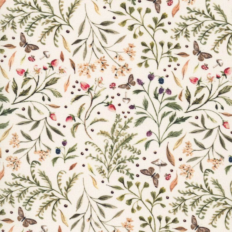 A light beige fabric featuring florals, vines, butterflies, and berries.