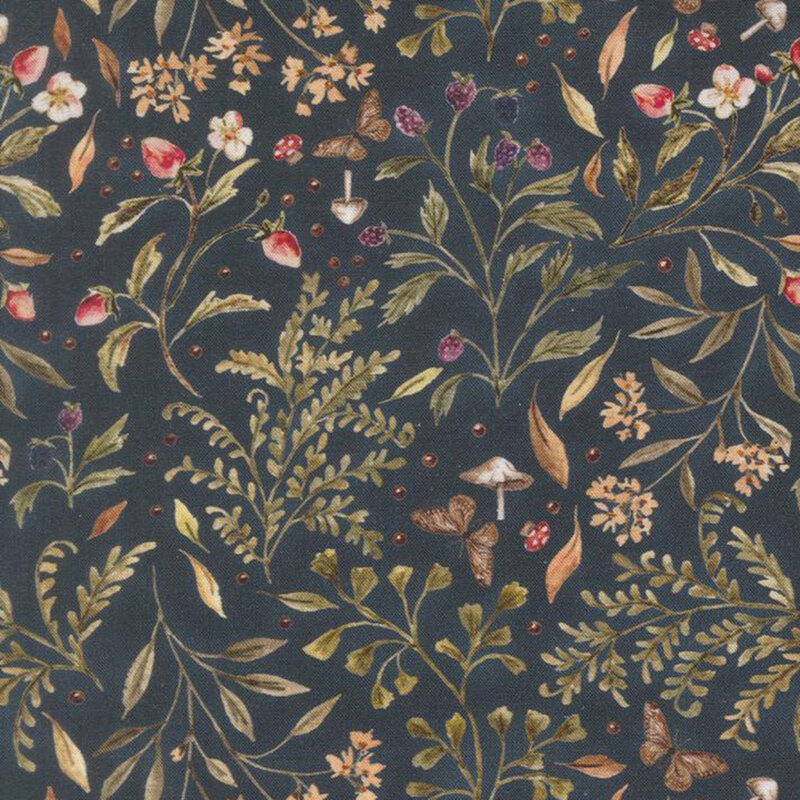 A dark indigo fabric featuring florals, vines, butterflies, and berries.