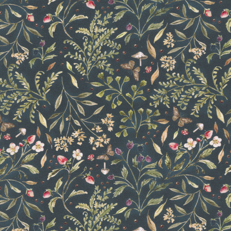 A dark indigo fabric featuring florals, vines, butterflies, and berries.