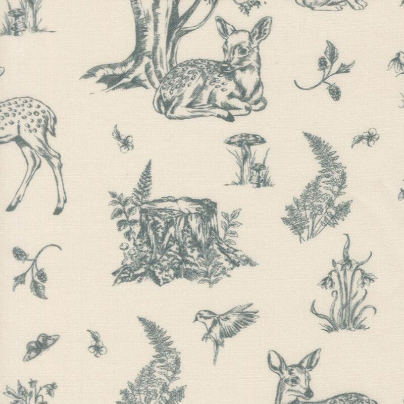 A beige fabric featuring a toile style print of deer, birds, mushrooms, flowers, and tree trunks in a teal hue.