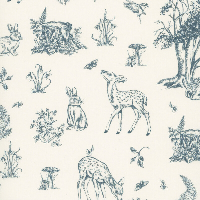 A beige fabric featuring a toile style print of deer, birds, mushrooms, flowers, and tree trunks in a teal hue.