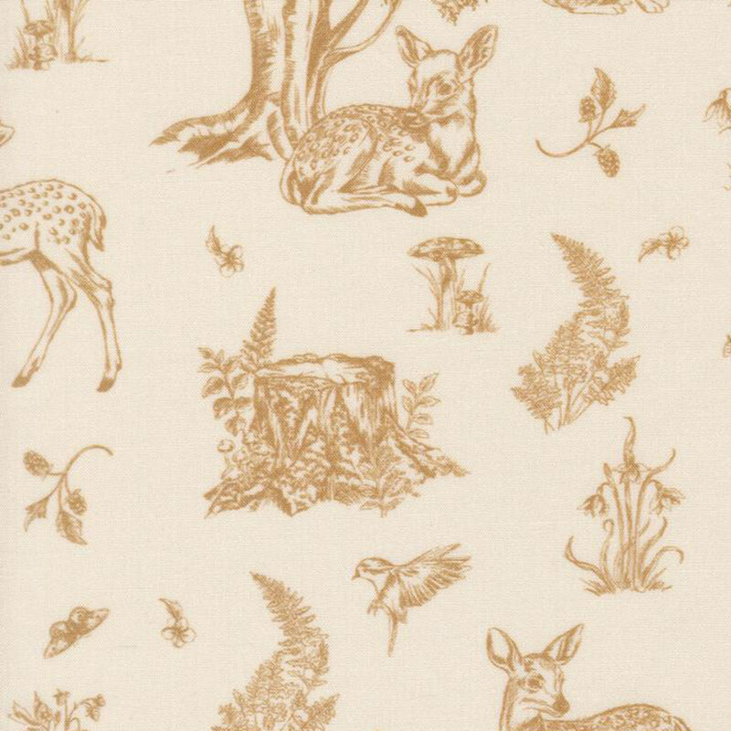 A beige fabric featuring a toile style print of deer, birds, mushrooms, flowers, and tree trunks in a brassy hue.
