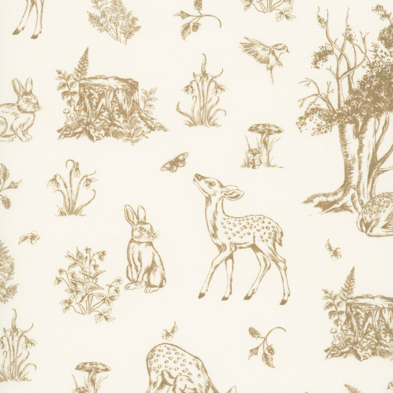 A beige fabric featuring a toile style print of deer, birds, mushrooms, flowers, and tree trunks in a brassy hue.