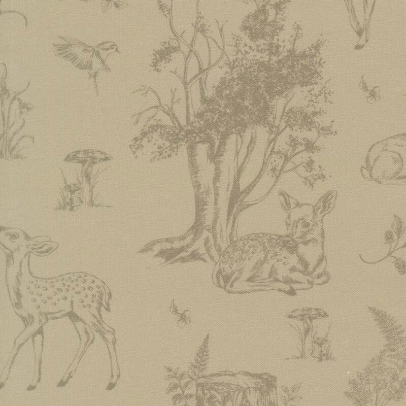 A khaki fabric featuring a tonal toile style print of deer, birds, mushrooms, flowers, and trees.