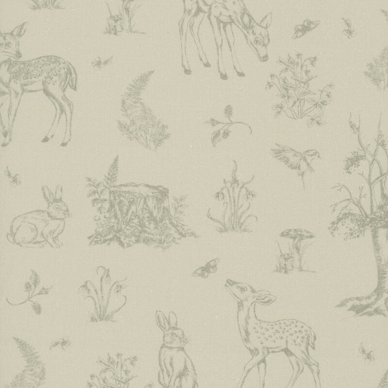 A lemongrass fabric featuring a tonal toile style print of deer, birds, mushrooms, flowers, and trees.