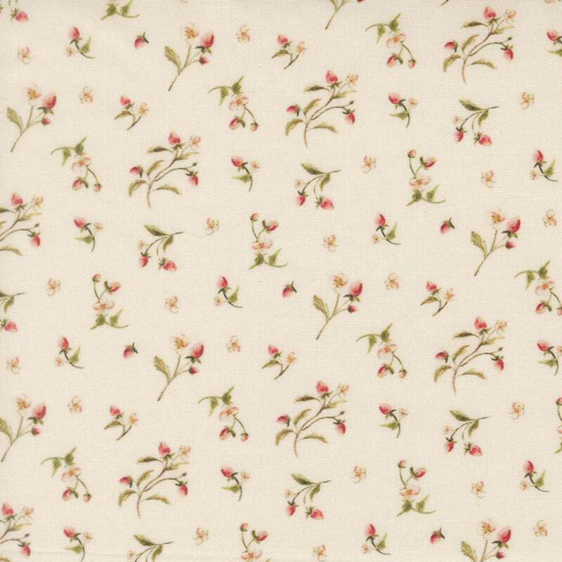 A cream fabric featuring strawberry vines with budding flowers and berries.