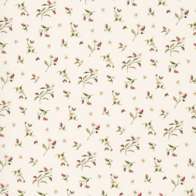 A cream fabric featuring strawberry vines with budding flowers and berries.