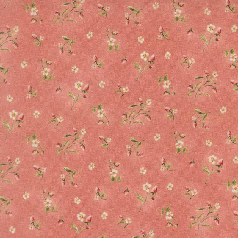 A dark rose fabric featuring strawberry vines with budding flowers and berries.