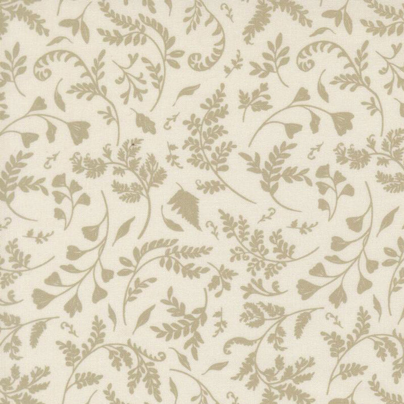 A beige fabric featuring a tossed vine and leaf print.