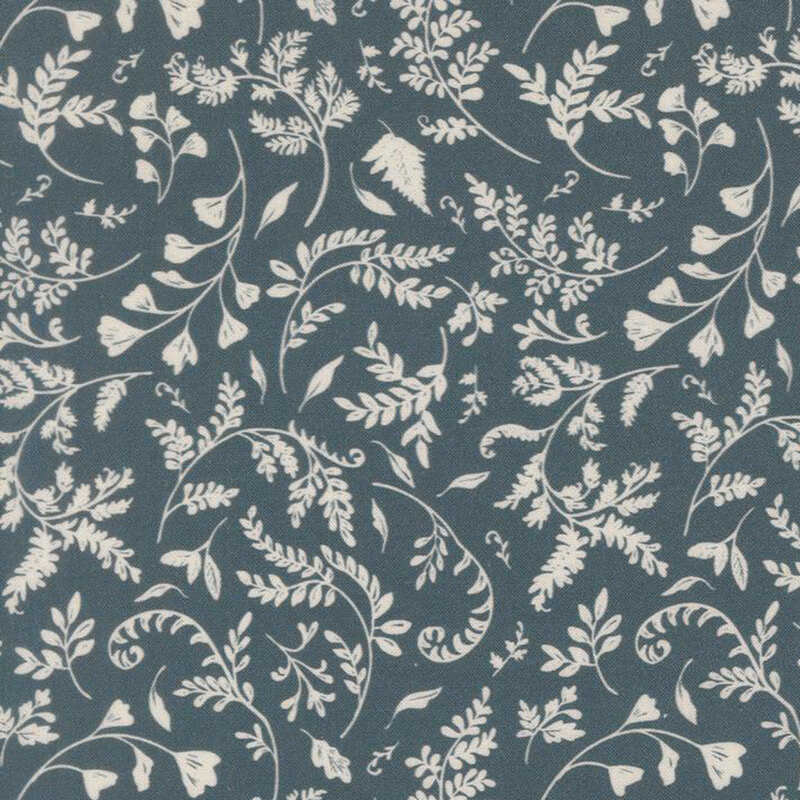 A cadet blue fabric featuring a tossed vine and leaf print.