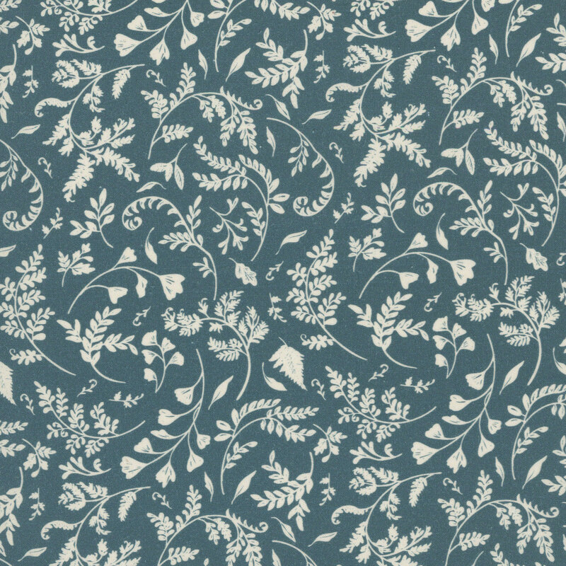 A cadet blue fabric featuring a tossed vine and leaf print.