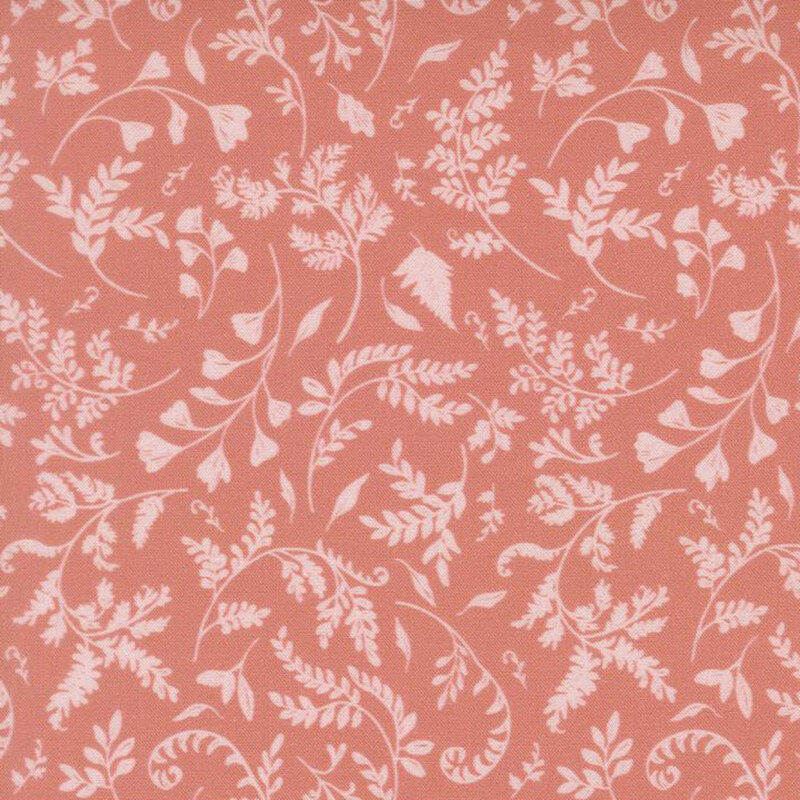 A rose fabric featuring a tossed vine and leaf print.