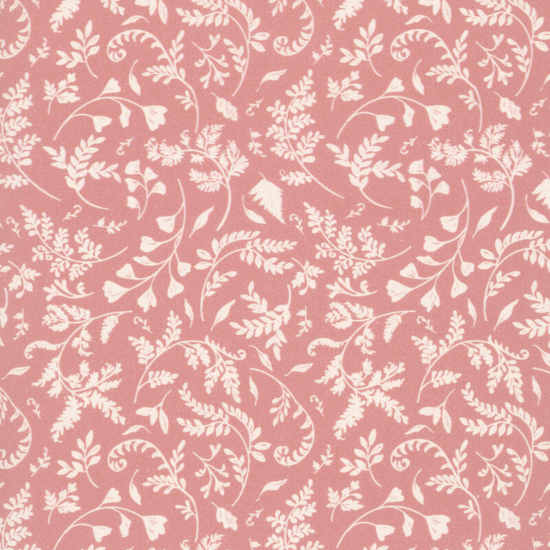 A rose fabric featuring a tossed vine and leaf print.
