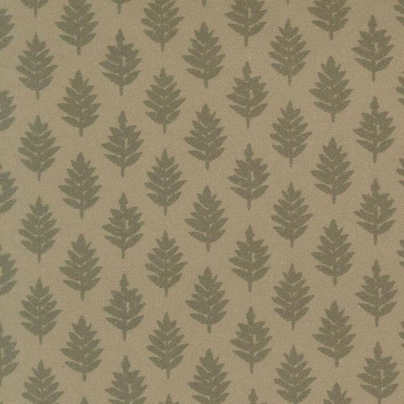 An olive sage fabric featuring a tonal pine tree print.
