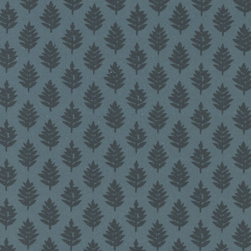 Dusty teal fabric featuring a tonal pine tree print.