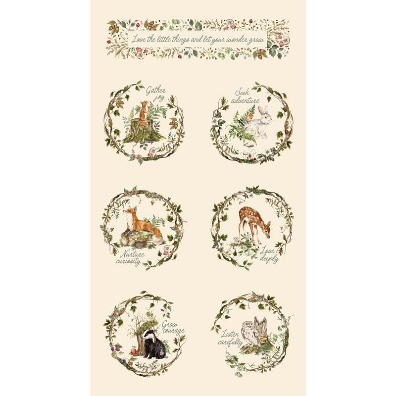 Cream fabric panel featuring images of vine framed forest animals with inspirational text.