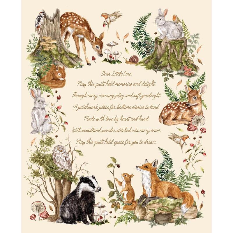 Cream fabric panel with a lettered print with a forest animal border.