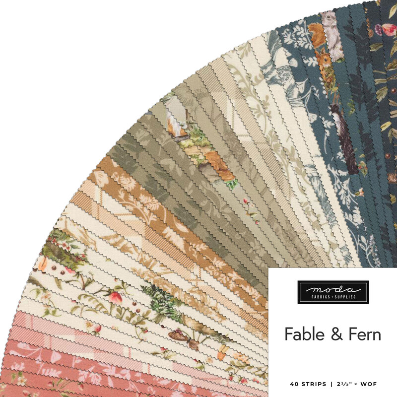 Fanned out collage of fabrics in the Fable & Fern collection featuring florals, animals, plaids, and trees in hues of pink, cream, taupe, and blue.