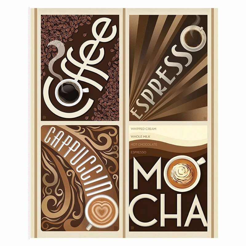 A retro coffee themed panel with four coffee themed posters.  