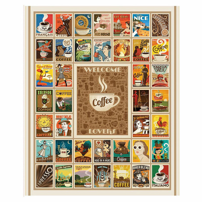 A retro coffee themed panel with a variety of coffee themed posters.  