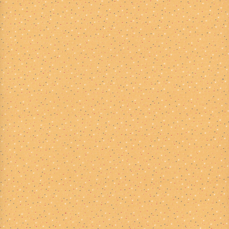 Daisy yellow fabric swatch with red, pink, navy, and white speckles.