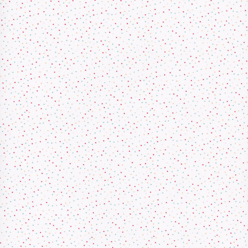 Crisp white fabric swatch with red, yellow, cyan, and gray speckles.