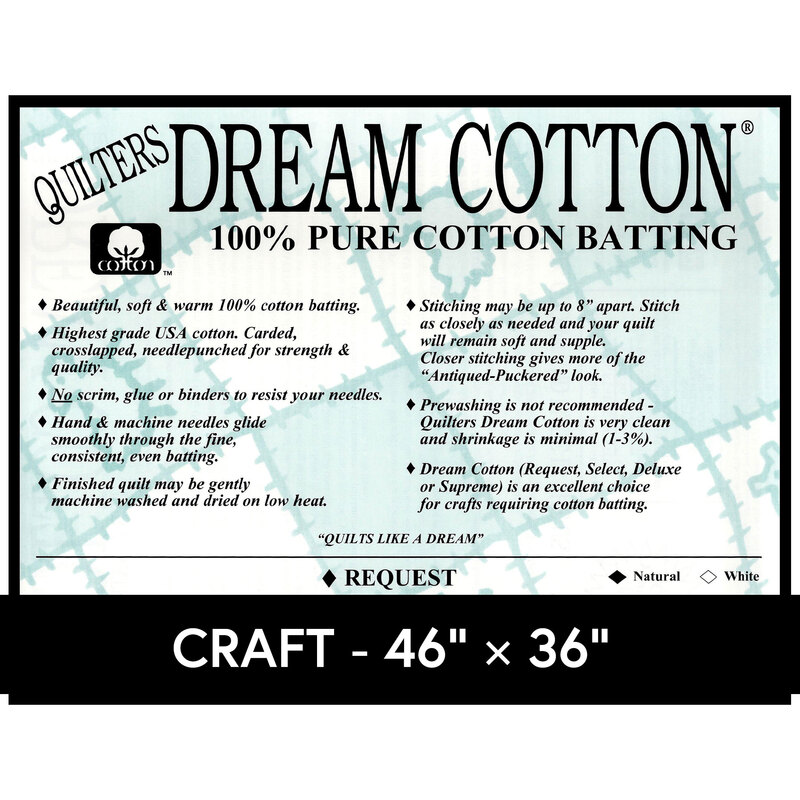 Cover sheet for Quilter's Dream Cotton Batting, detailing composition, sizes, and usage instructions.