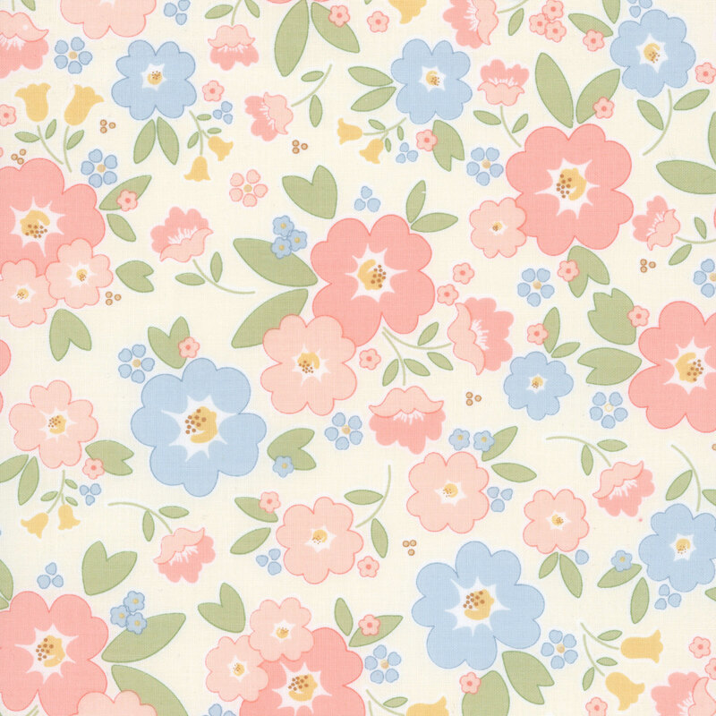 Cream fabric with a pattern of stylized peach, baby blue, and yellow flowers and green leaves.