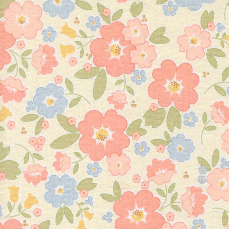 Cream fabric with a pattern of stylized peach, baby blue, and yellow flowers and green leaves.