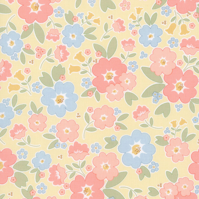 Butter yellow fabric with a pattern of stylized peach, baby blue, and gold flowers and green leaves.