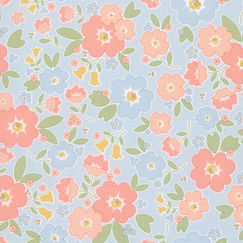 Light blue fabric with a pattern of stylized peach, baby blue, and yellow flowers and green leaves.