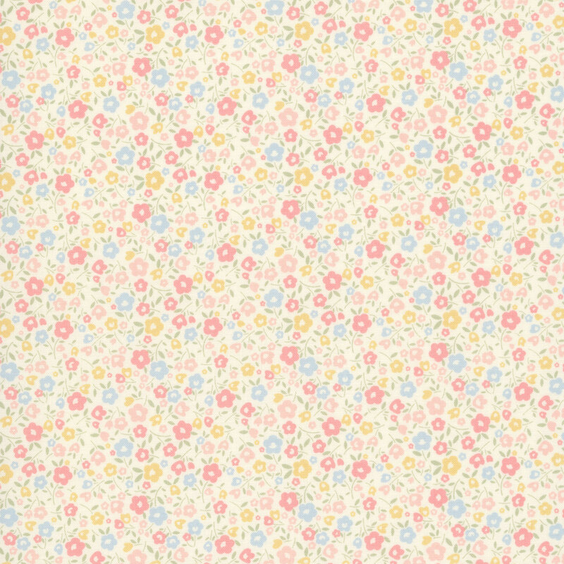 Cream fabric with a calico pattern of pastel coral, peach, blue and yellow flowers.