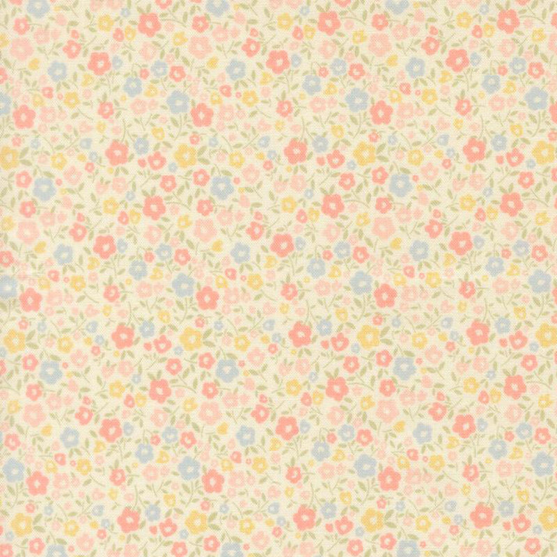 Cream fabric with a calico pattern of pastel coral, peach, blue and yellow flowers.