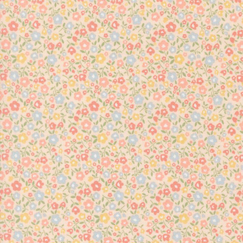 Pastel pink fabric with a calico pattern of pastel coral, peach, blue and yellow flowers.