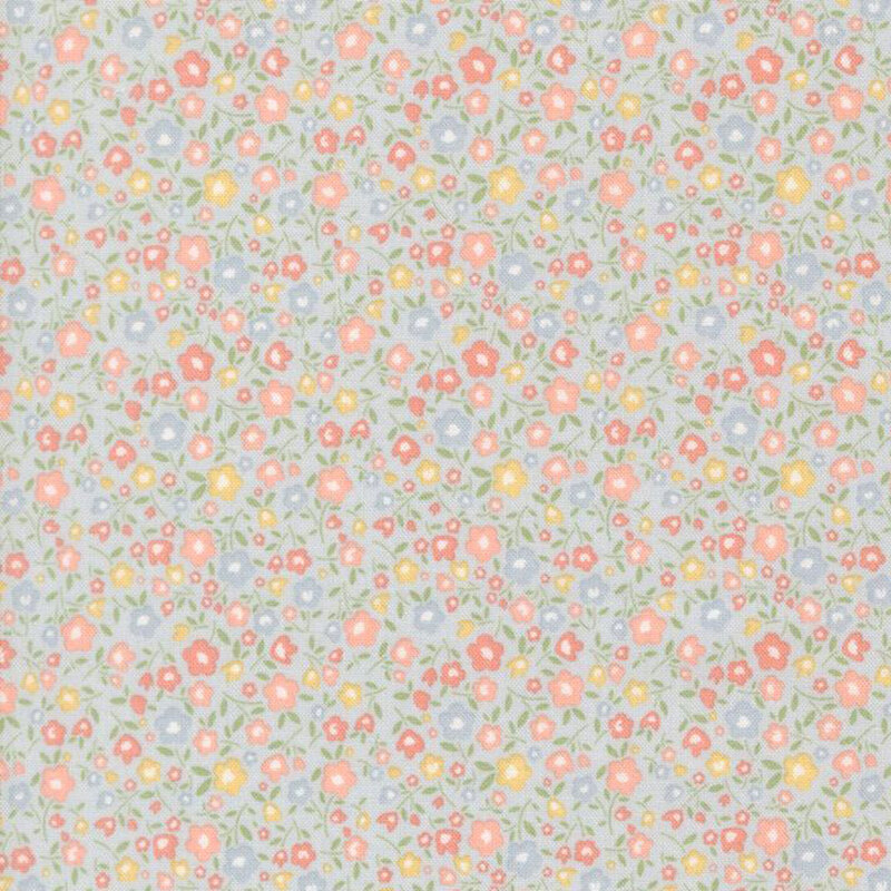Baby blue fabric with a calico pattern of pastel coral, peach, blue and yellow flowers.