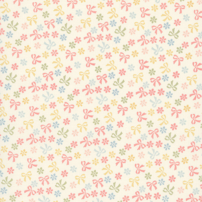 Cream fabric with yellow, green, blue, and pink bows and flowers.