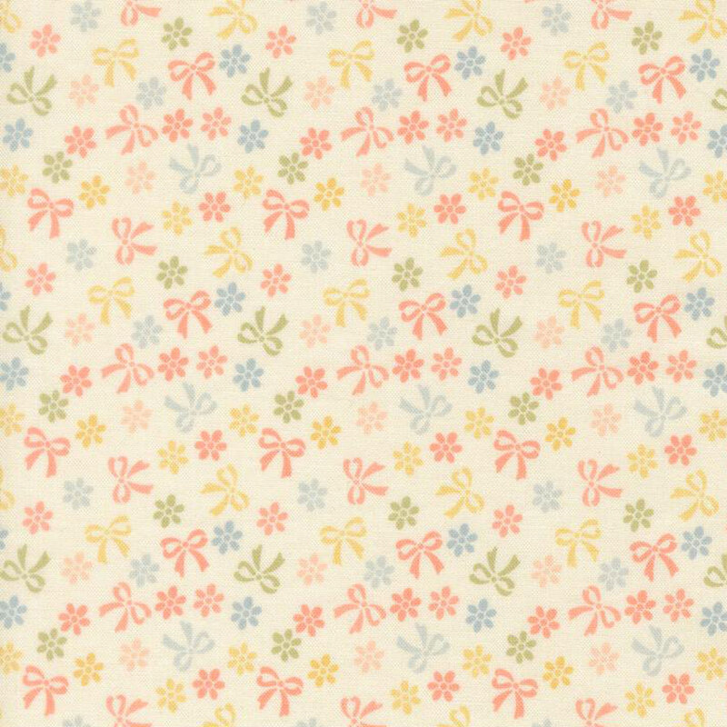 Cream fabric with yellow, green, blue, and pink bows and flowers.