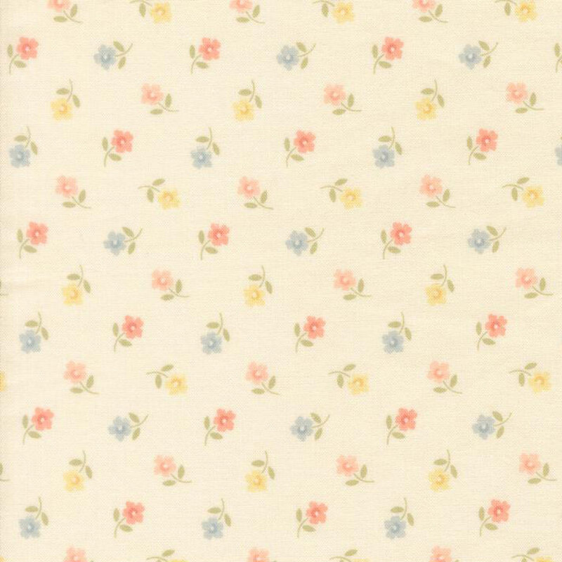 Ditsy pattern of yellow, peach, pink, and blue flowers on a cream fabric.