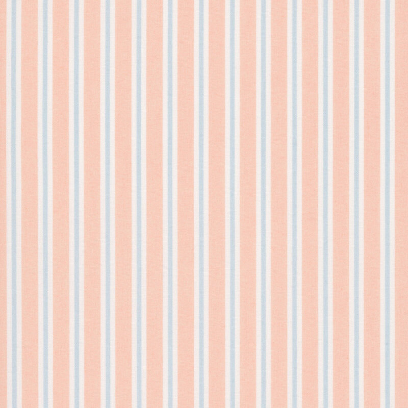 Peach fabric with cream and faded blue stripes
