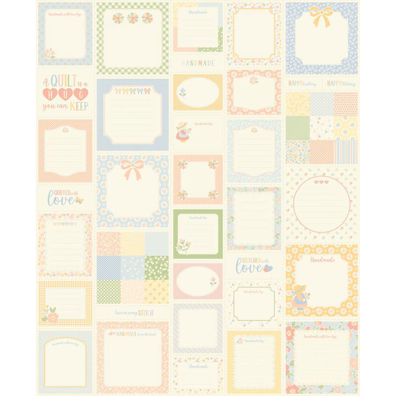 Cream fabric panel with various labels featuring phrases that include "Quilted With Love" and "Handmade".