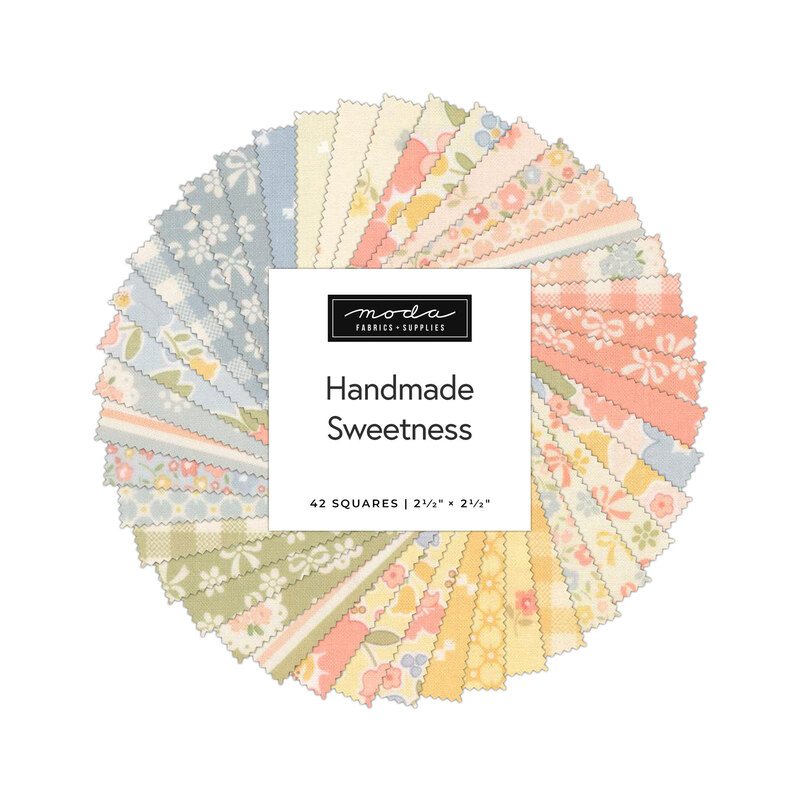 Mini circular collage of fabrics in the collection in gentle pastels featuring florals, bows, ginghams, and stripes. 