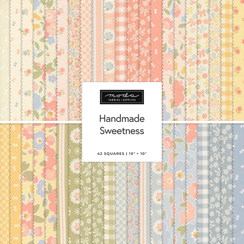Square collage of fabrics in the collection in gentle pastels featuring florals, bows, ginghams, and stripes. 